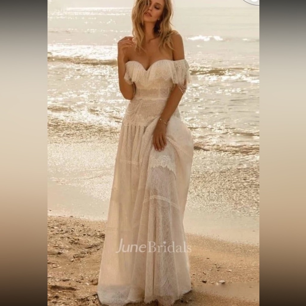 NWT June Bridal Beach A-Line Off-the-Shoulder Boho Wedding Dress sz 8